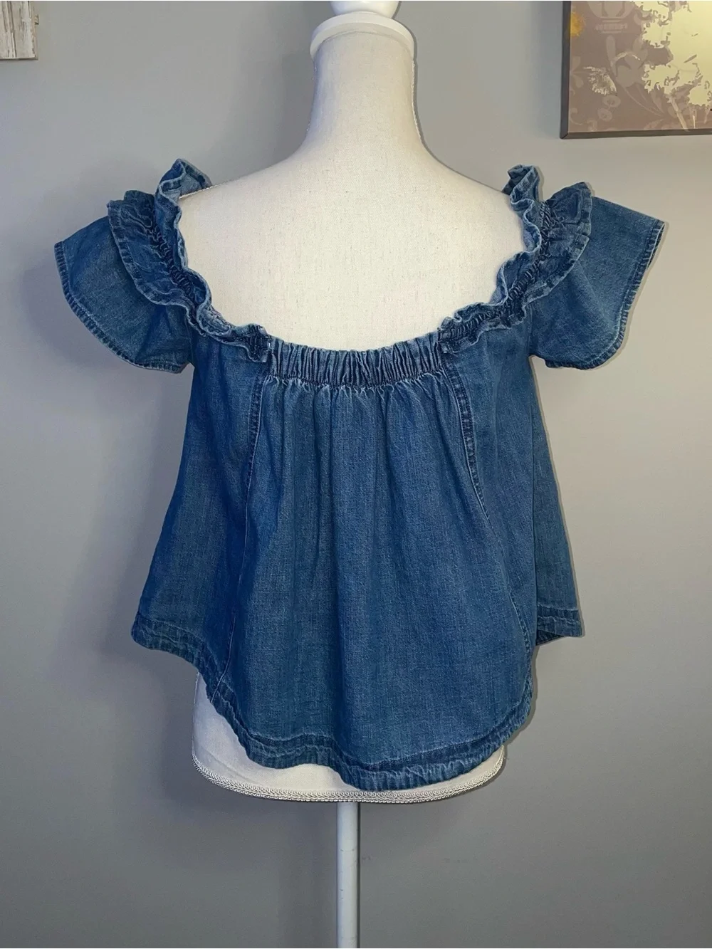 Free People Ruffle Denim Short Sleeve Blouse